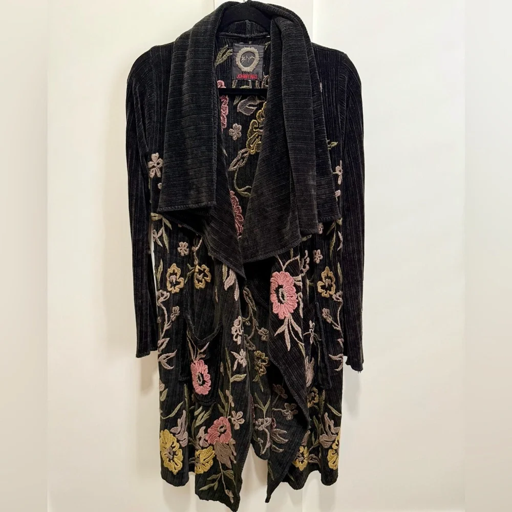 Johnny Was BIYA Floral Embroidered Plush Duster Open Cardigan Rib Heavy Hoodie